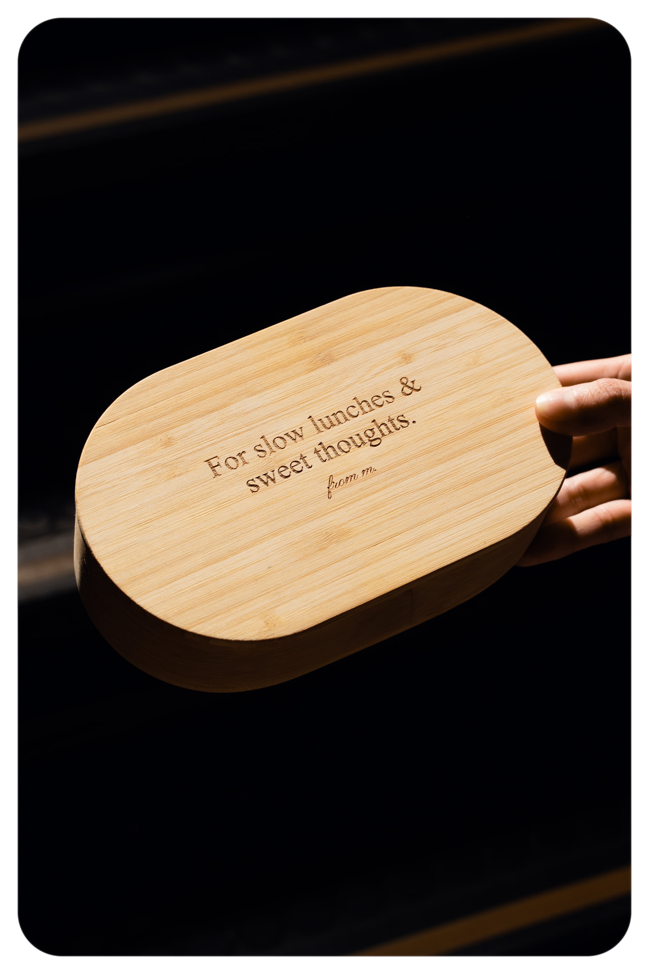 Bamboo lunch box engraved with a personal message
