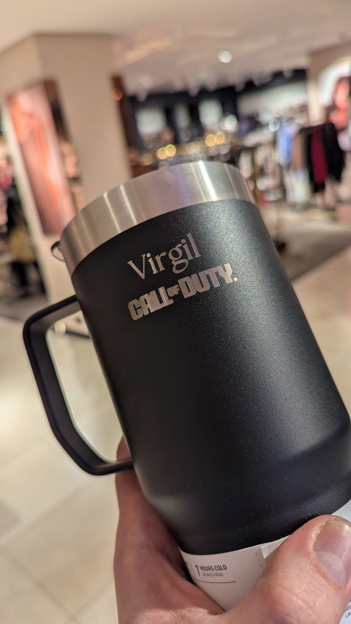 Black tumbler engraved with the name Virgil and a Call of Duty logo