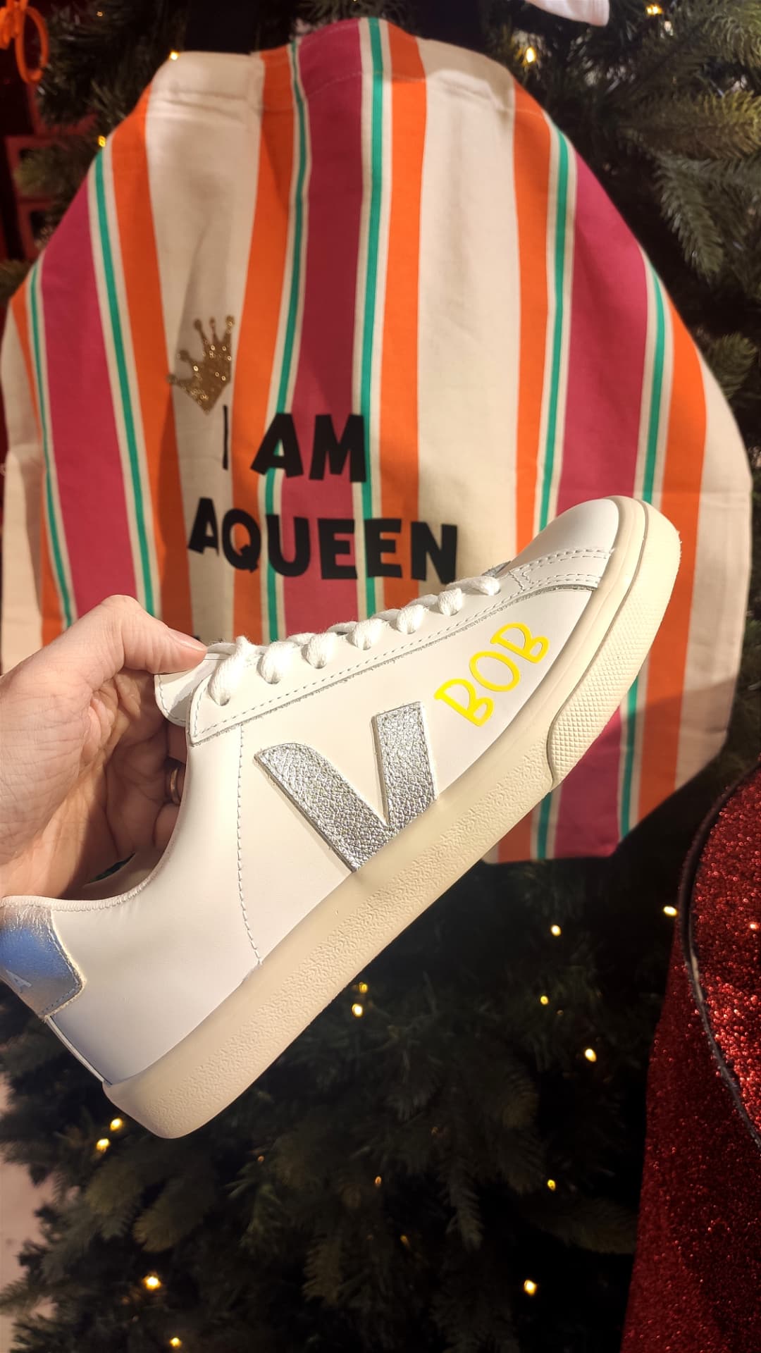 White Veja leather sneakers personalised with the name BOB