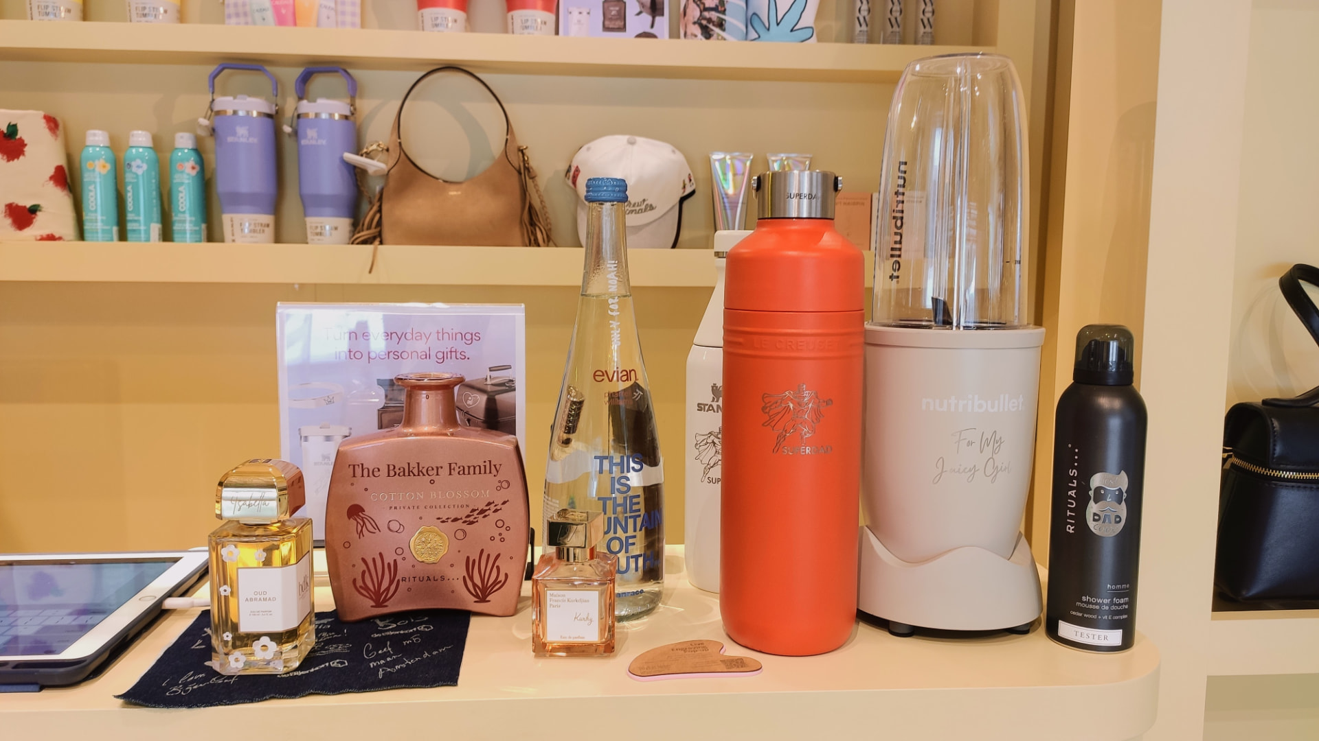Studio display with personalised items in different materials